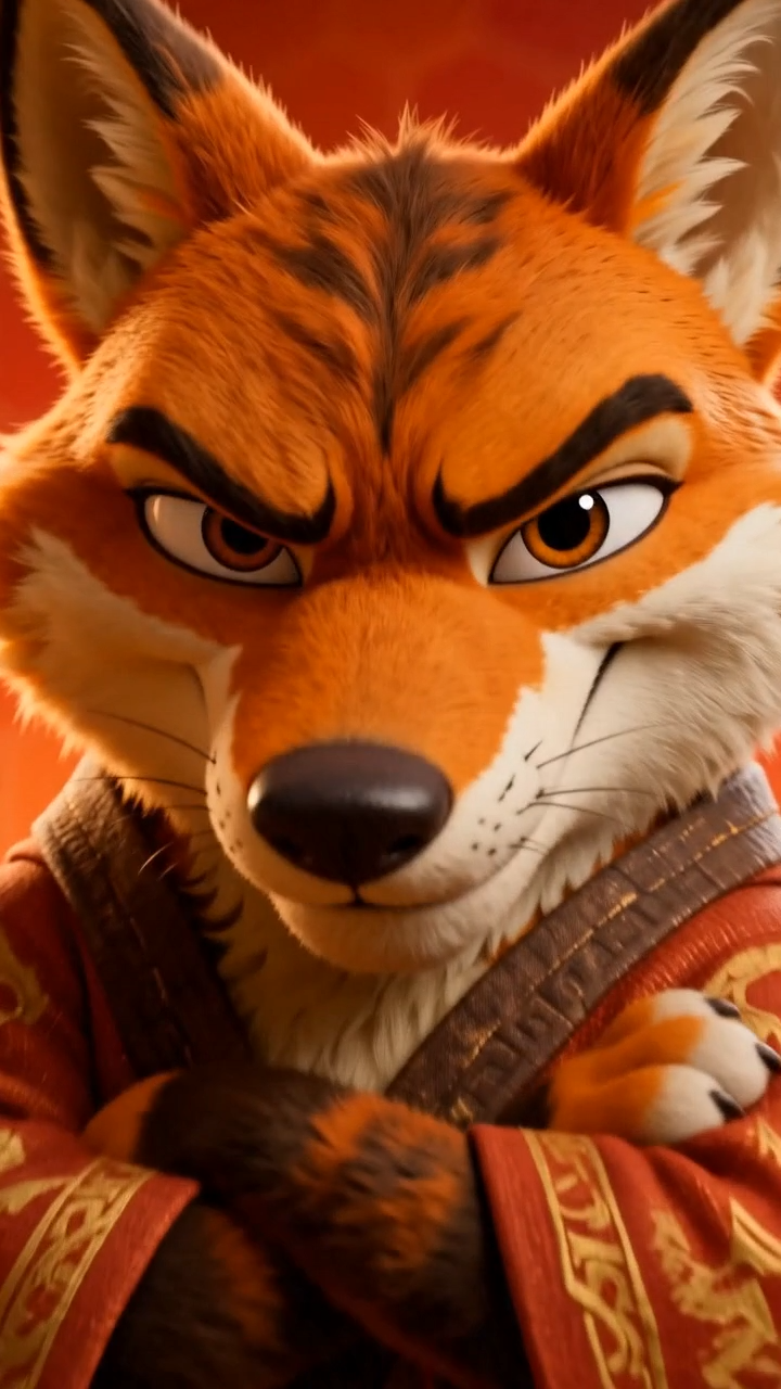 Crunch Chips ad still — animated fox mascot in ornate robes, arms crossed.