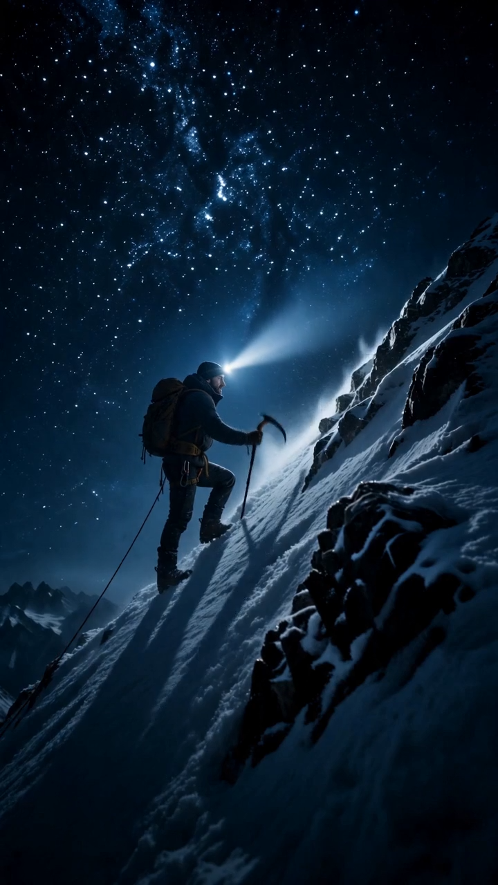 Adventure watch ad still — climber with headlamp ascending a snow ridge under a starfield.